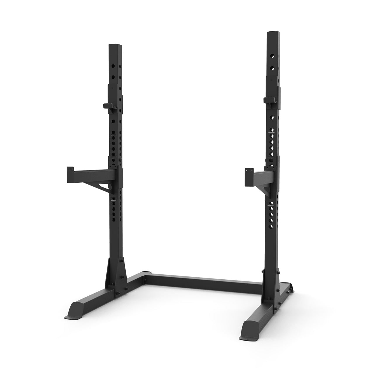A squat rack with barbell spotter arms.