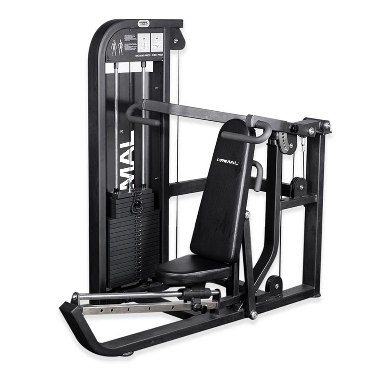 Pin select dual chest & shoulder press machine on a white background.